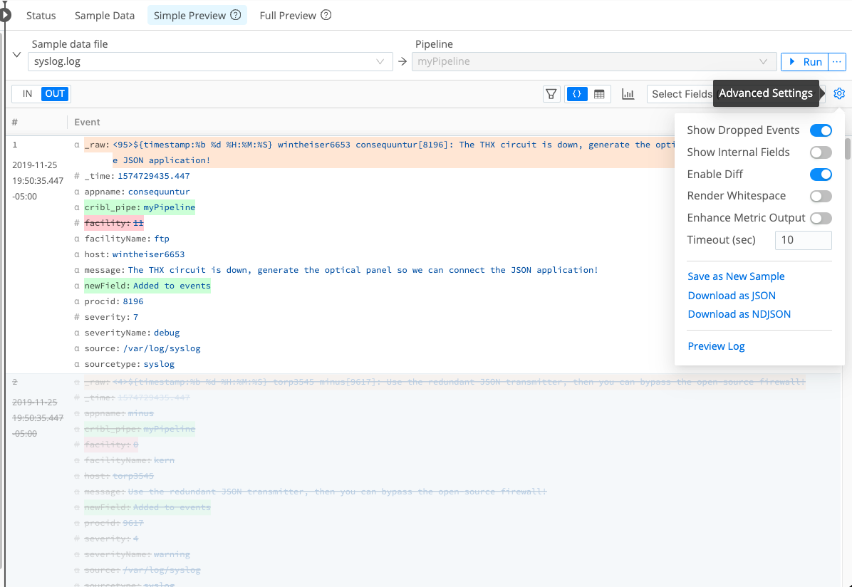 Highlighted fields in Pipeline output