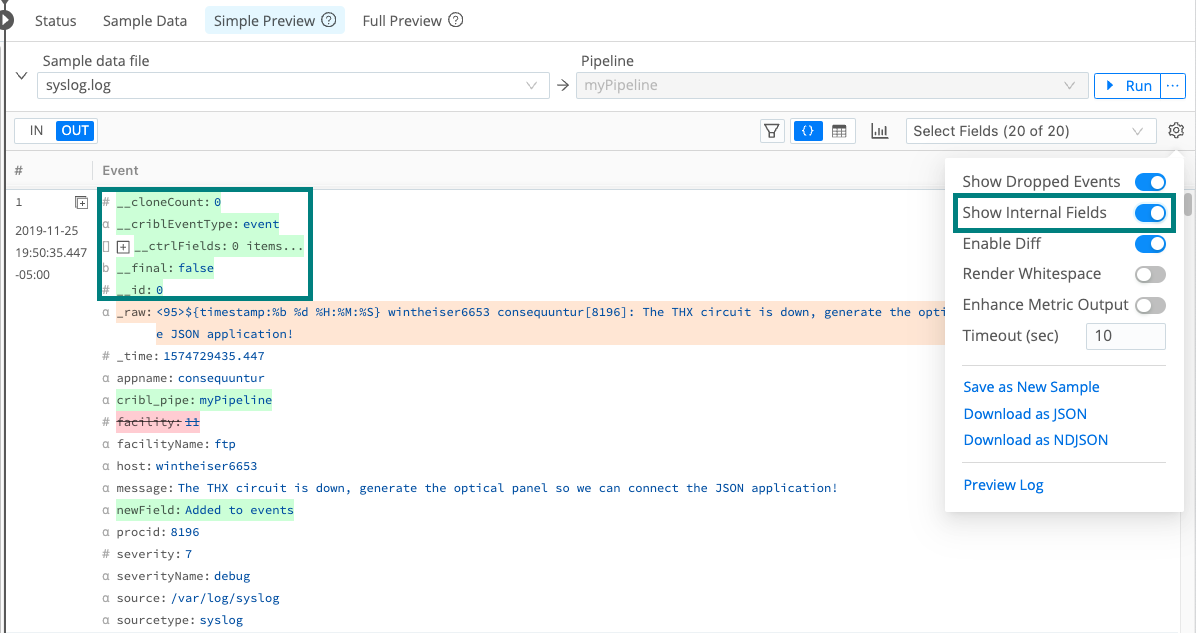Internal fields highlighted in Pipeline output