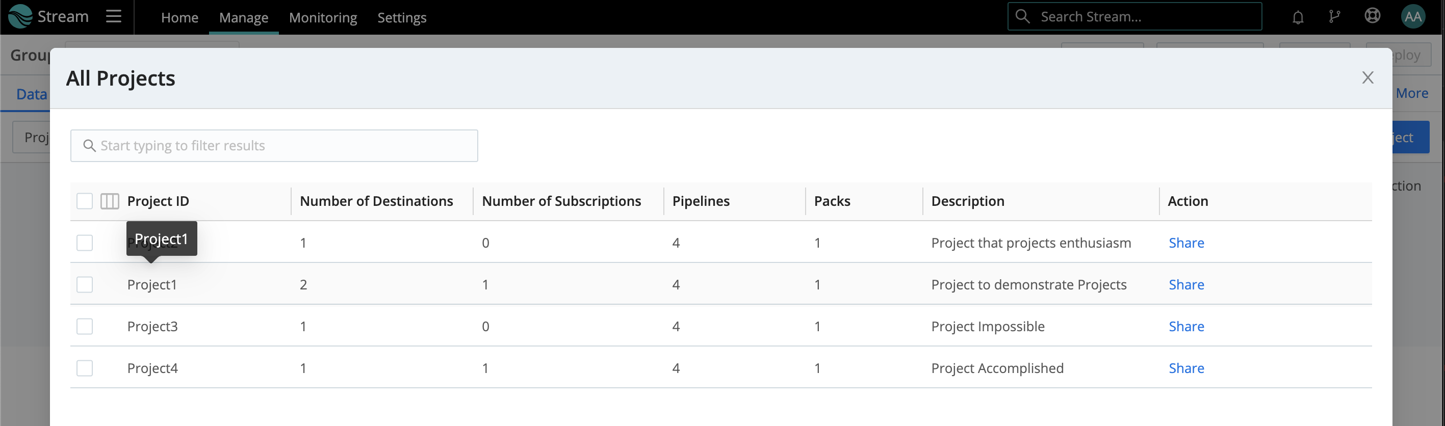 View all > All Projects modal