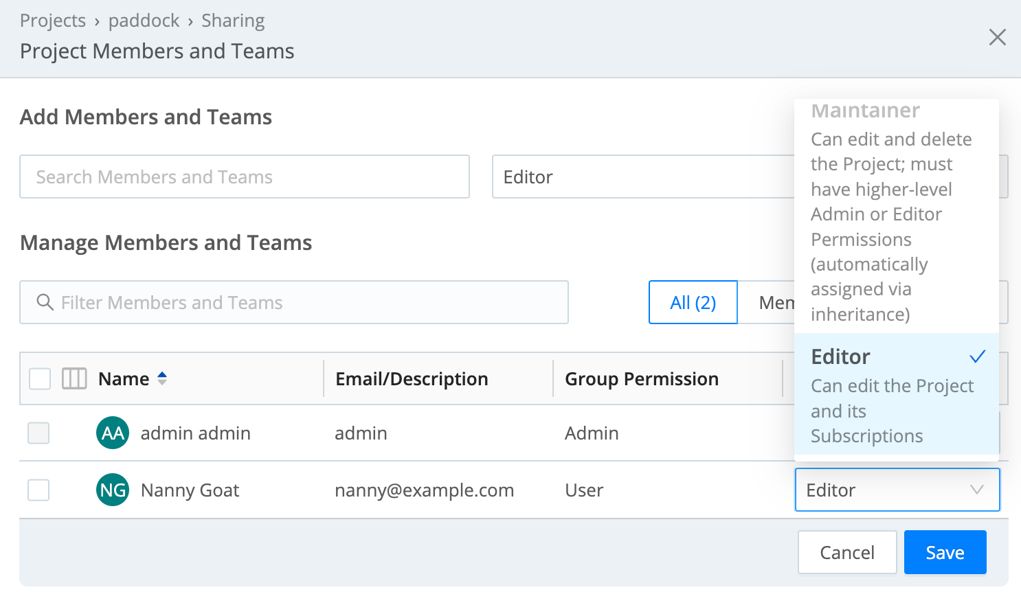 Project Sharing drawer – assigning Editor Permission