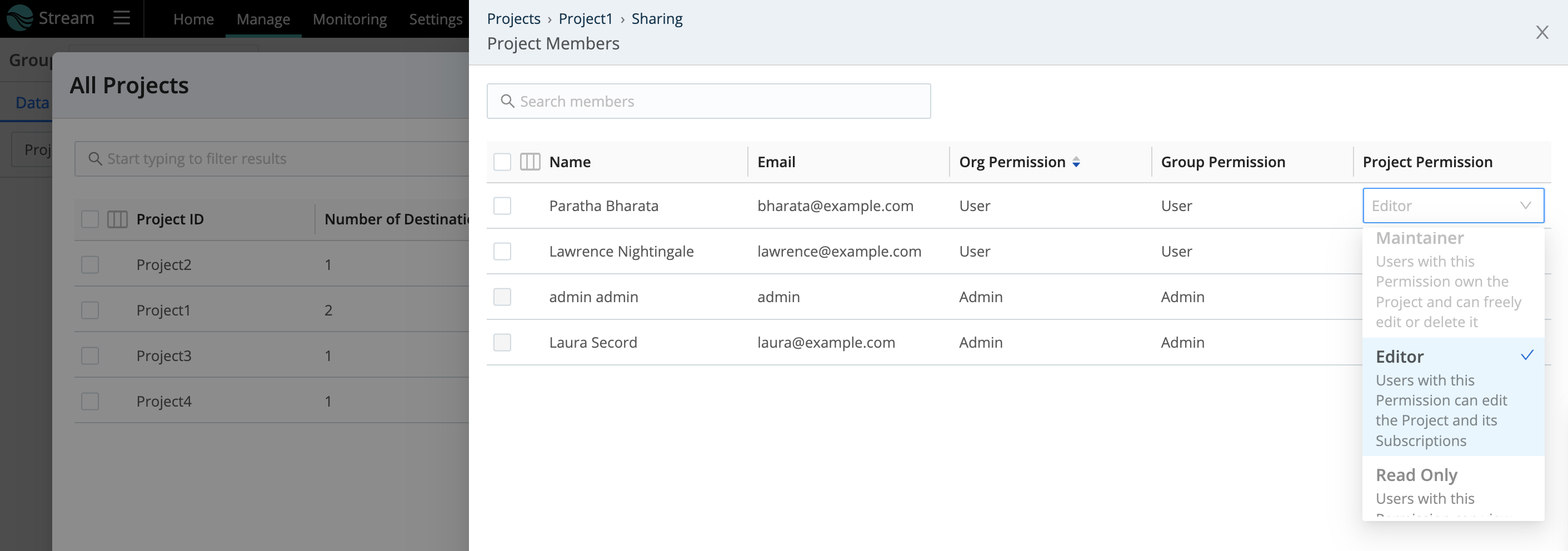 Project Sharing drawer – assigning Editor Permission