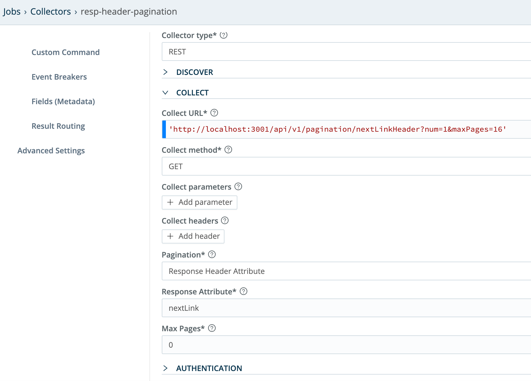 Collector configuration for HTTP GET, paginated via Response Header URL