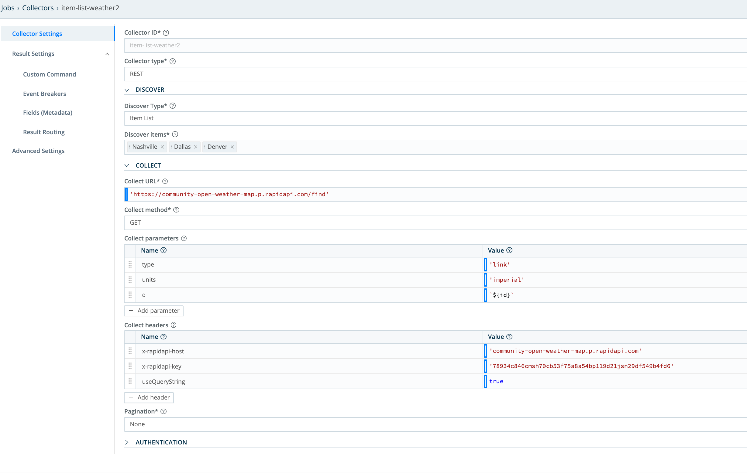 Collector configuration for Discovery via Item List