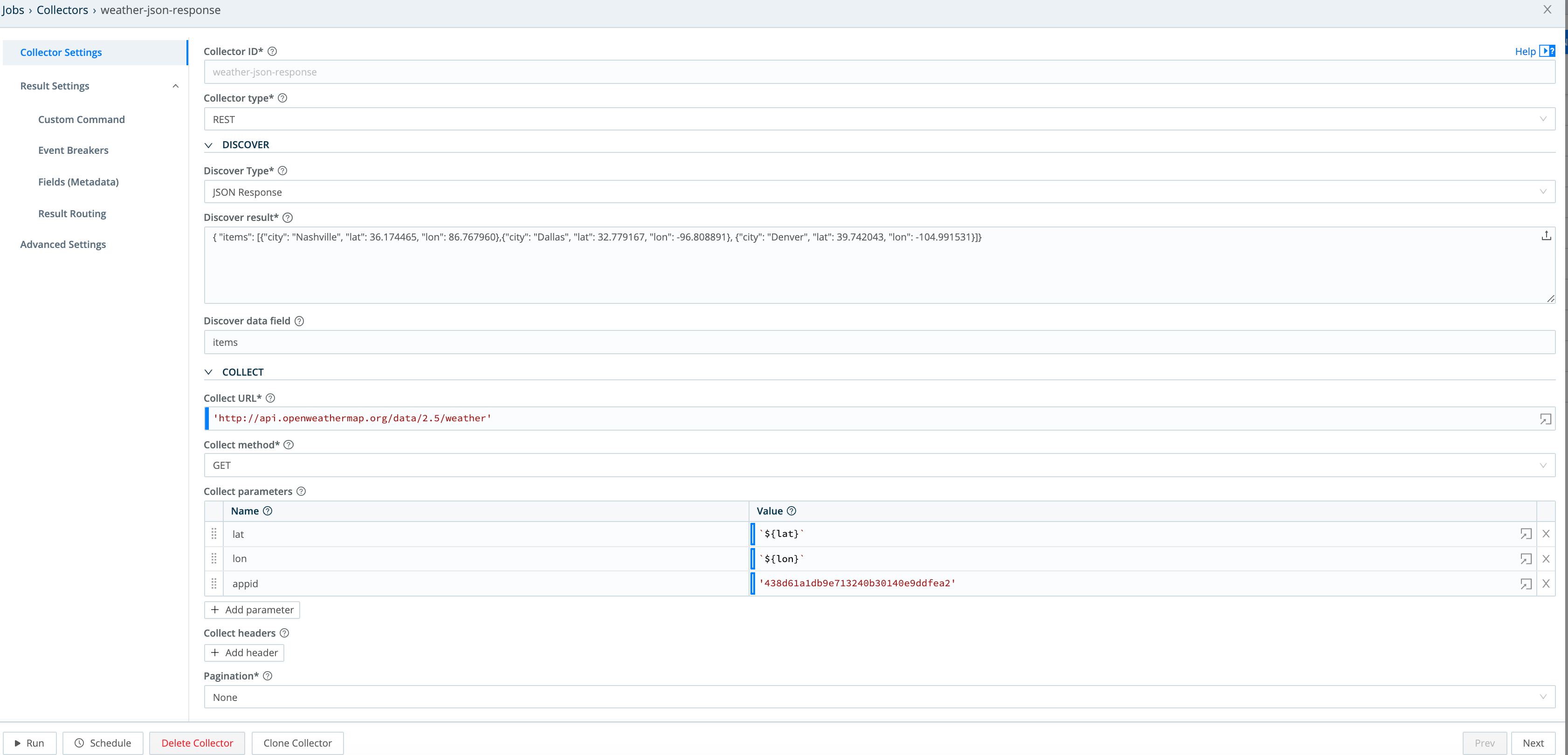 Collector configuration for JSON Response Discovery