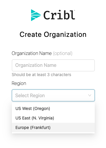 Create Organization page – selecting a host Region