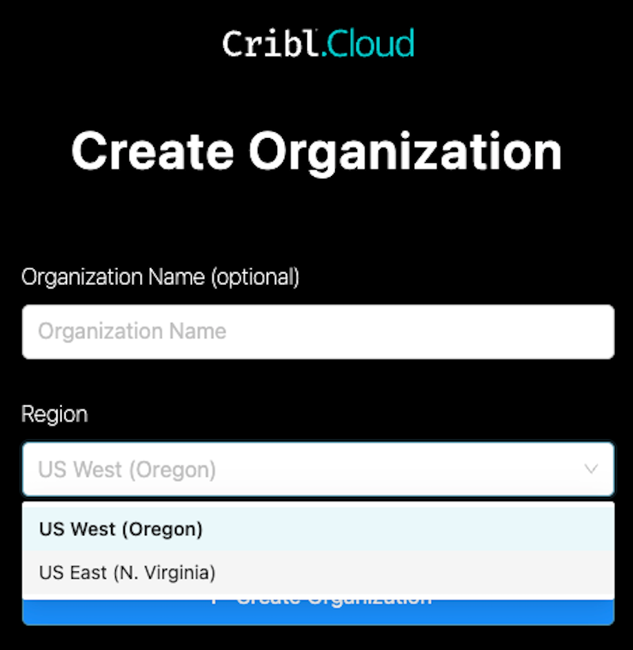 Create Organization page – selecting a host Region