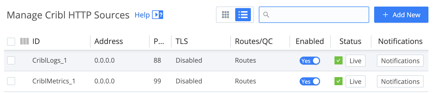 Cribl Internal Sources – click either or both of these rows to configure