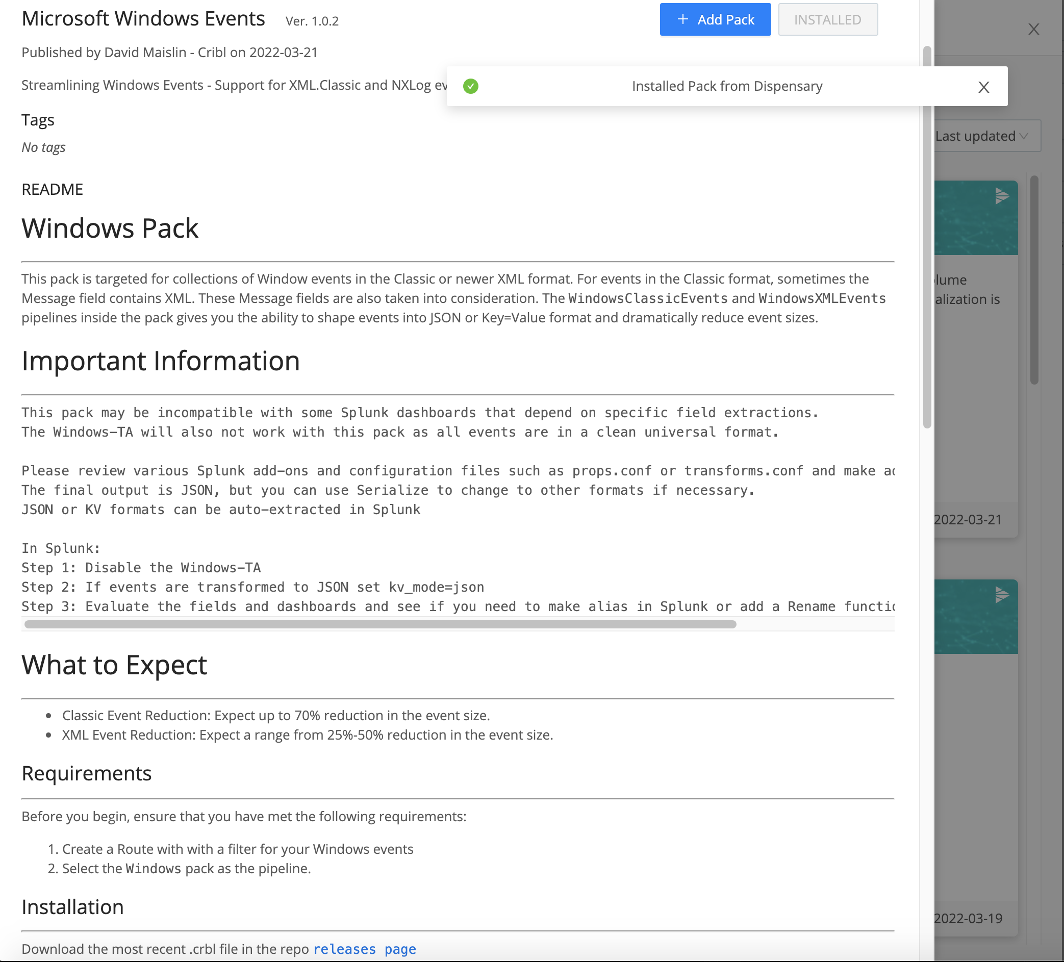 Pack details page: Composite with Add Pack button, confirmation banner, Dispensary drawer in background