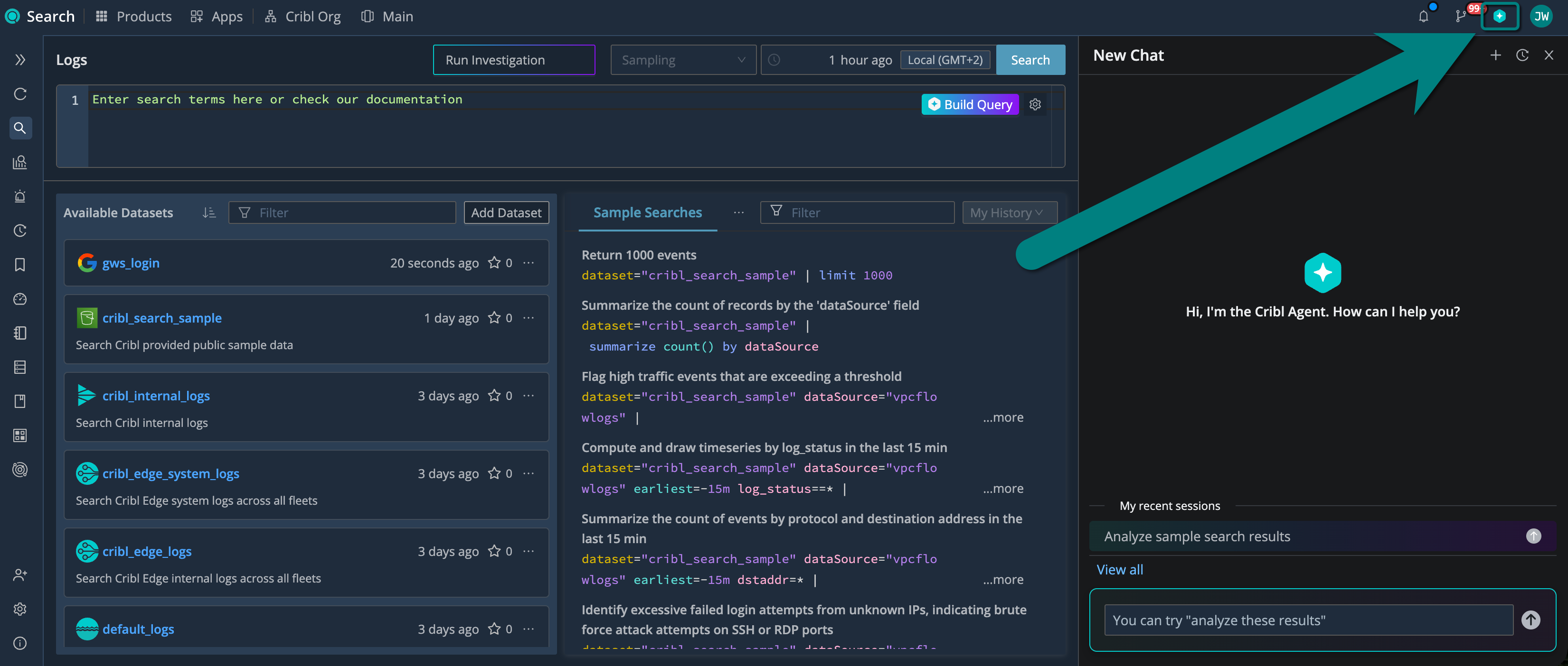 Cribl AI icon on the top bar