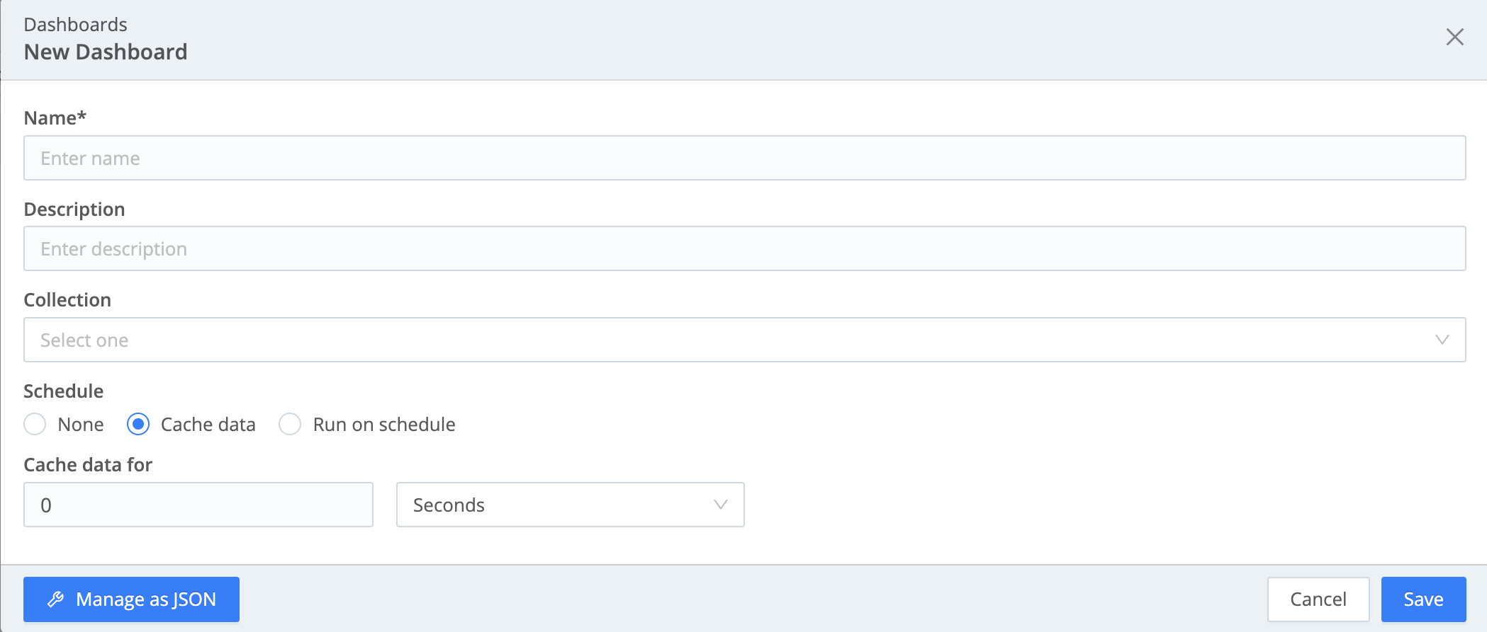 Configuring caching for a new Dashboard