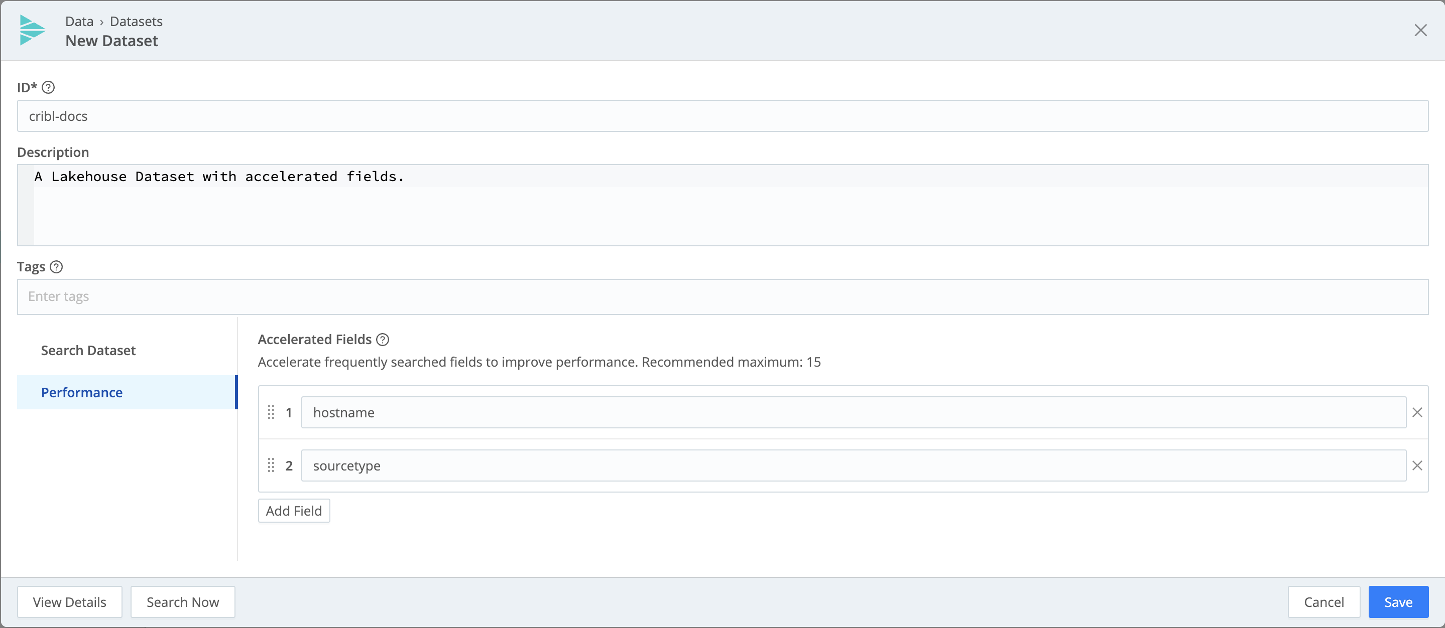 Add accelerated fields on a Search Dataset