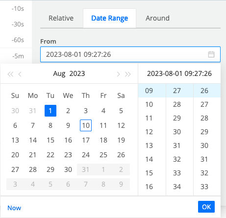Custom date and time range options in the Date Range tab