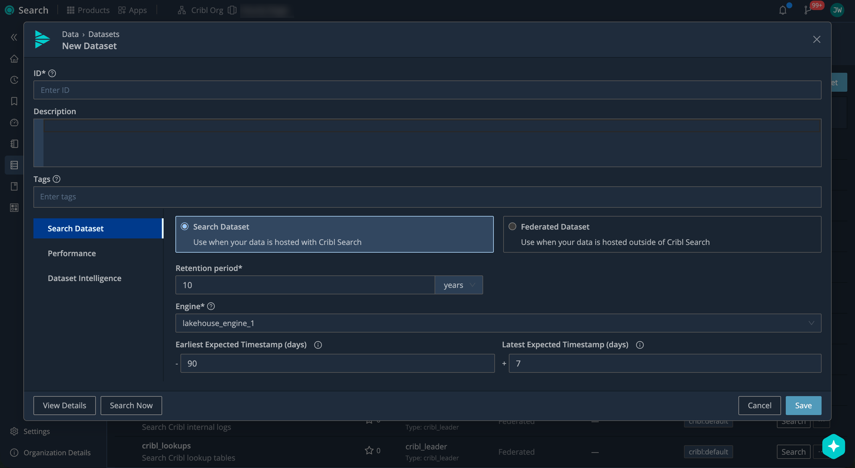 Add a new Search Dataset