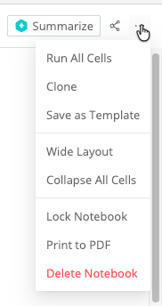 Screenshot of Notebook-level Summarize button, Share button, and Actions drop-down, showing options to control overall display depth and width