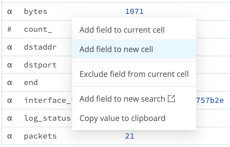 Field’s context menu with options to add the field to a new cell or new search