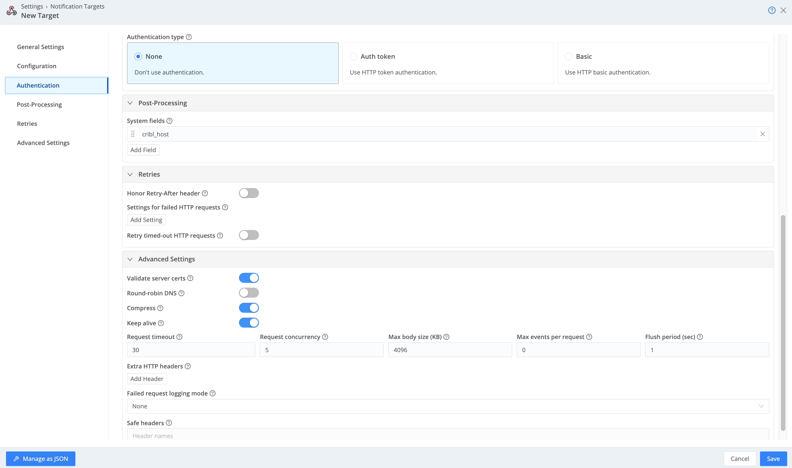 Webhook Notification target – Authentication and lower tabs