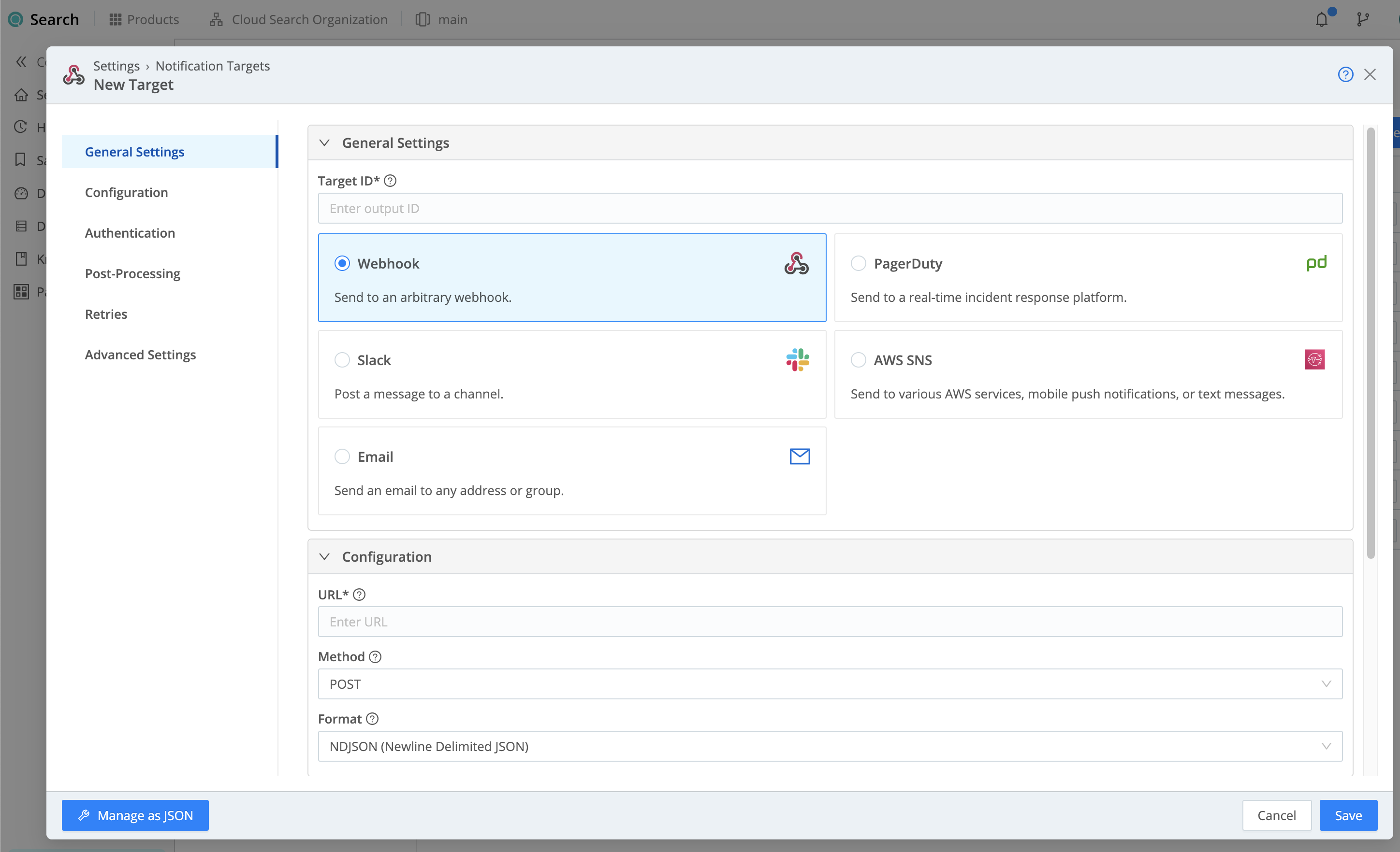 Webhook Notification target – General Settings and Configuration tabs