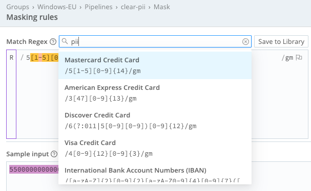Masking Rules modal for the Mask Function, with a dropdown of available PII matching regexes