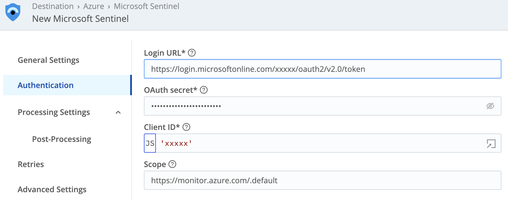 Microsoft Sentinel Destination auth settings
