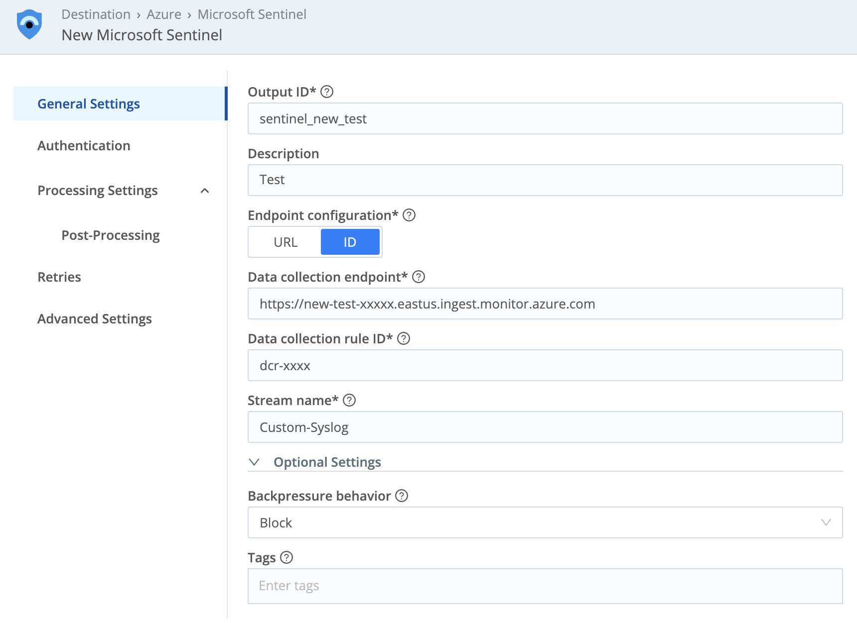 Microsoft Sentinel Destination settings
