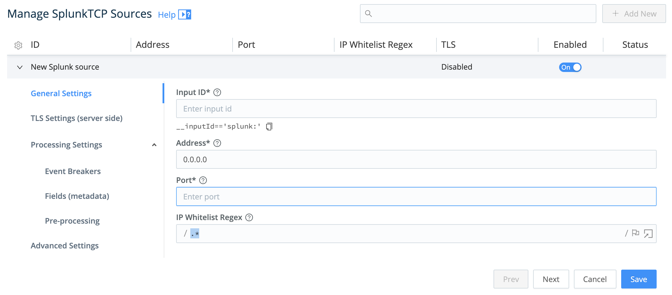 Splunk Source configuration