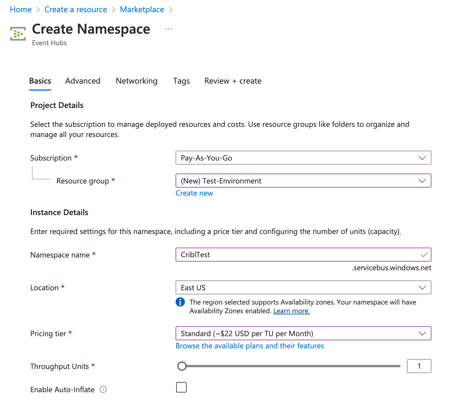 Creating an Event Hubs Namespace