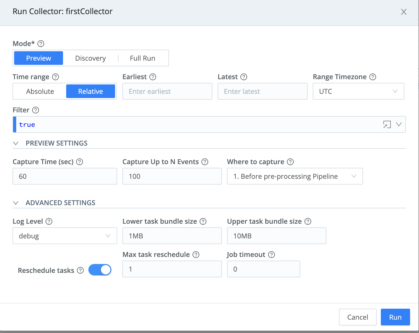 Run Collector Settings