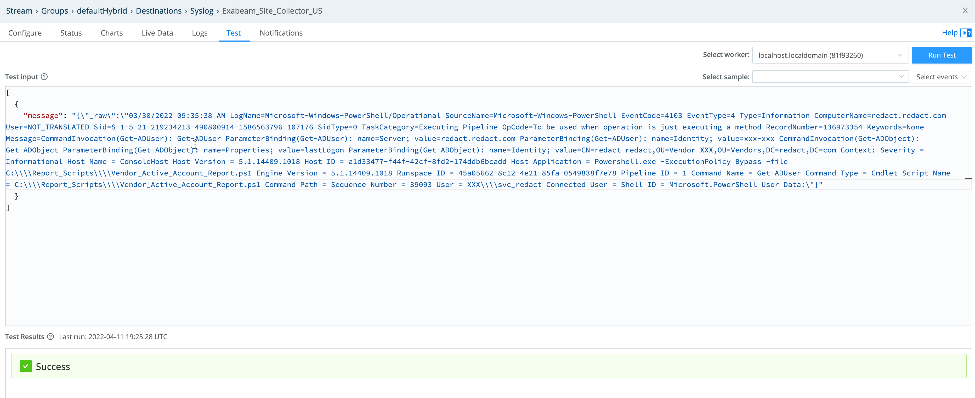 Syslog Test tab