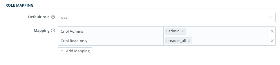Role mapping section in Cribl Stream with sample mappings.