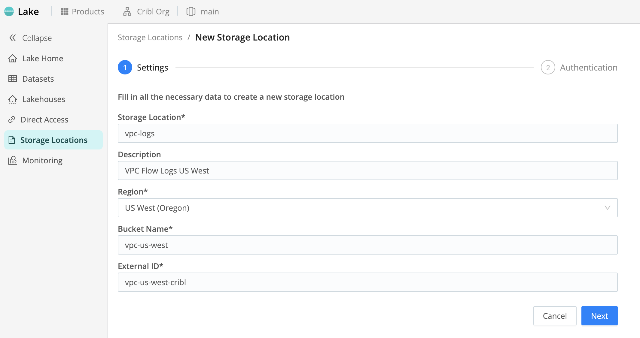 Screenshot of configured Settings page, the first step in configuring a new Storage Location in Cribl Lake.