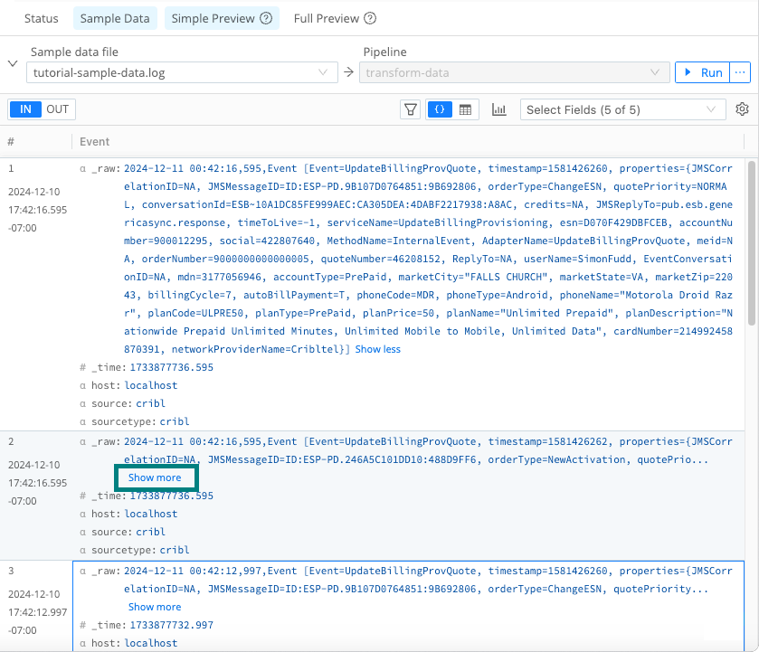 Select “Show more” to expand sample data