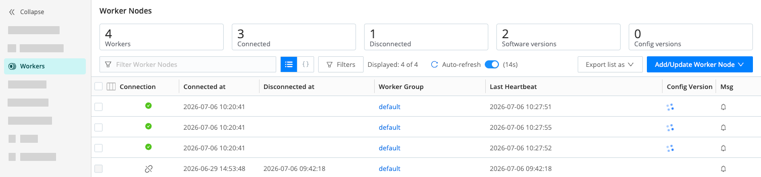 Workers page showing a list of Worker Nodes