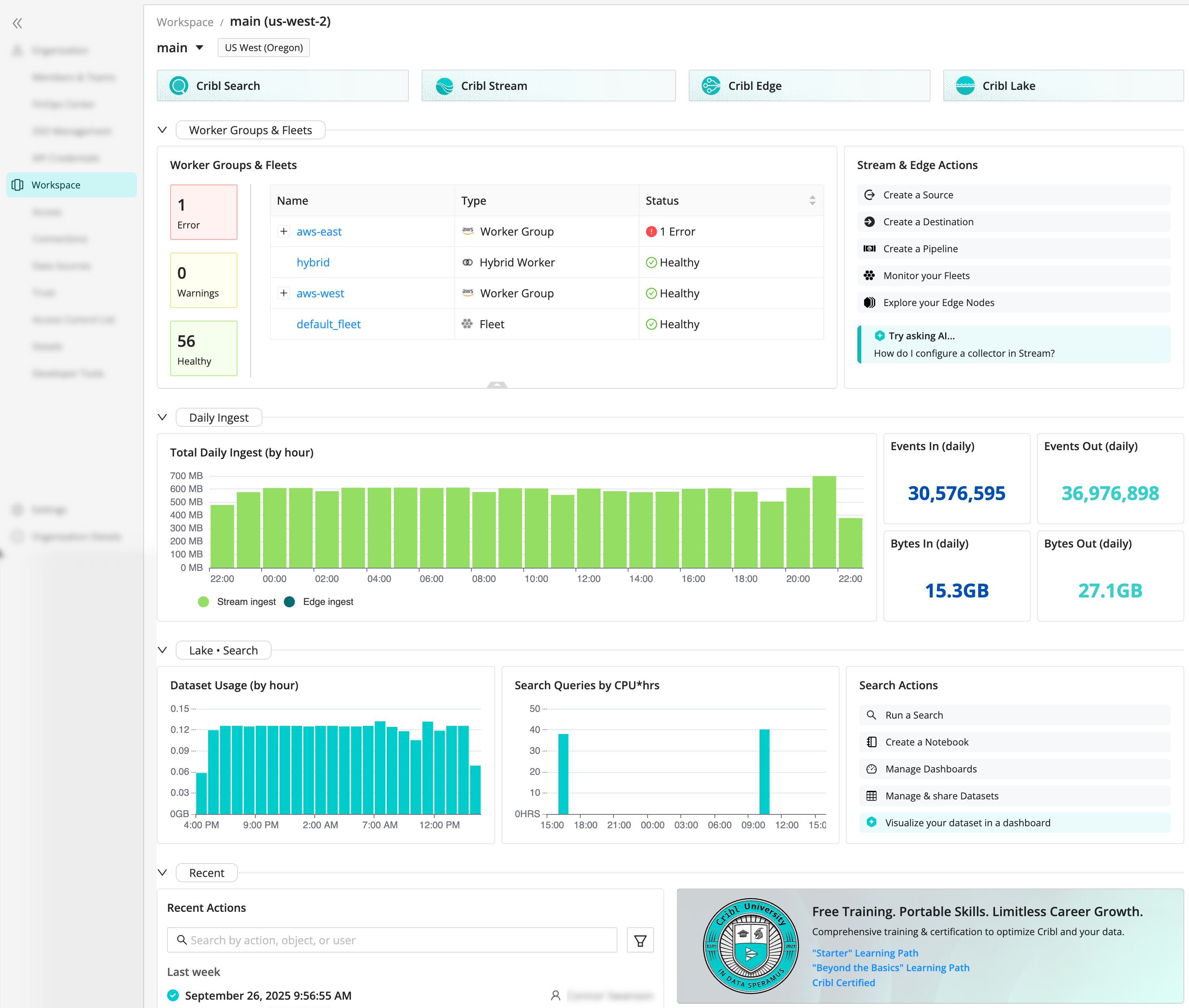 Workspace landing page